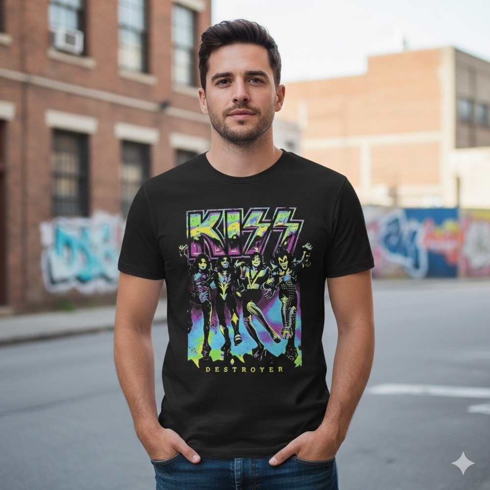 KISS Destroyer Band T-Shirt Mens Medium Black Neon Graphic Mad Engine 2023 Rock - Picture 1 of 10